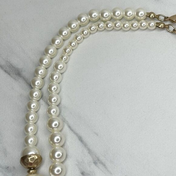 Chico's Layered Double Strand Chunky Faux Pearl Beaded Long Gold Tone Necklace - Picture 3 of 14